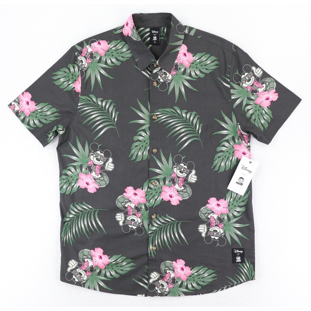 Neff Disney Mickey Mouse Button Down Shirt Mens Medium Black Tropical Floral NWT